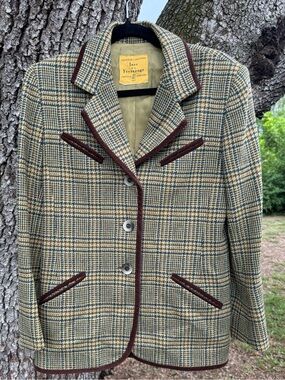 Vintage Ines de la Fressange Paris Tweed Wool Blend Blazer Blue/Tan/Green.Size M